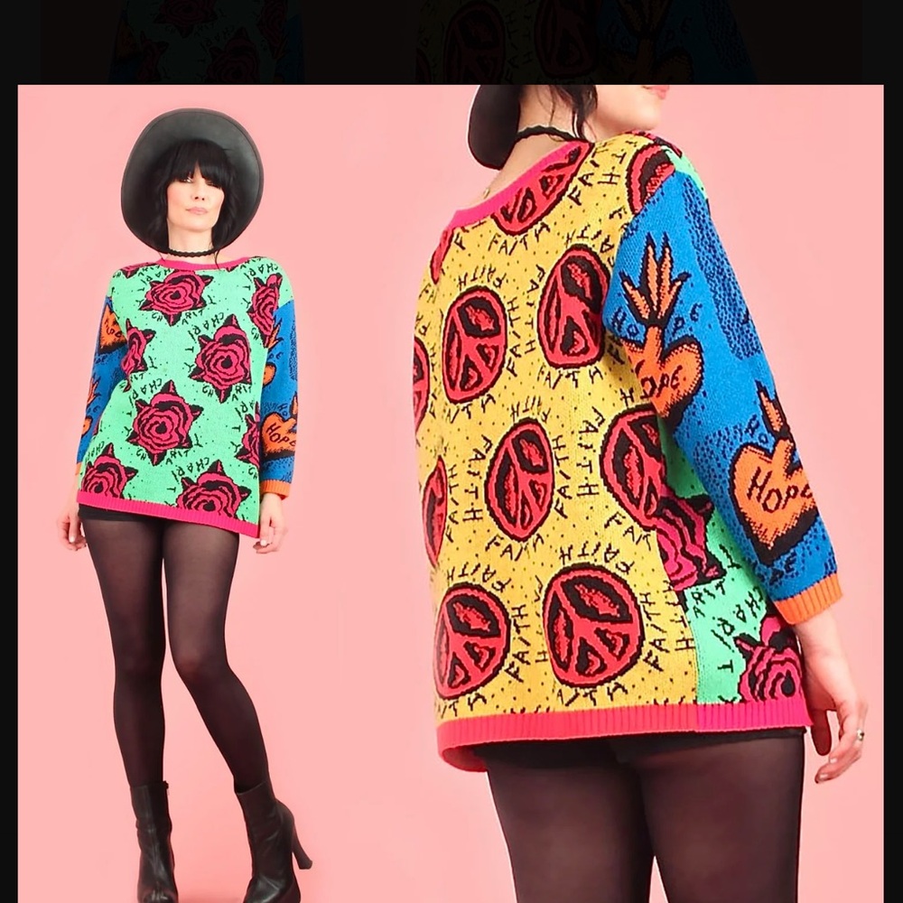 Vintage Iconic Betsey Johnson Punk Label Sweater 1980s Faith Hope Charity Bright